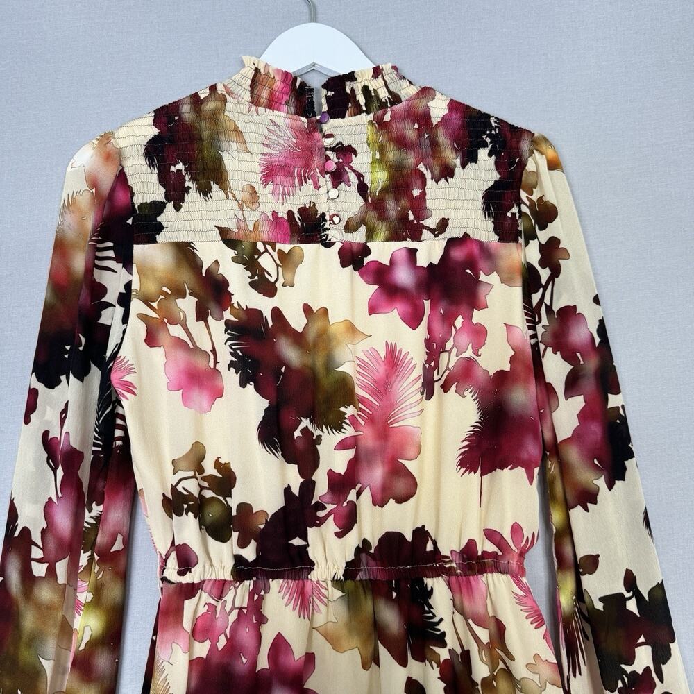 Vineet Bahl Watercolor Hibiscus Mini Dress Womens Small Cream Pink‎ Smocked Boho - Picture 9 of 16